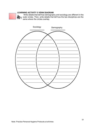 18
Note: Practice Personal Hygiene Protocols at all times
LEARNING ACTIVITY 5 VENN DIAGRAM
Write details that tell how demography and sociology are different in the
outer circles. Then, write details that tell how the two disciplines are the
same where the circles overlap.
Demography
Sociology
 