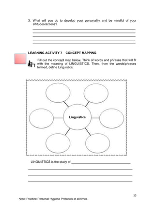 20
Note: Practice Personal Hygiene Protocols at all times
3. What will you do to develop your personality and be mindful of your
attitudes/actions?
___________________________________________________________
___________________________________________________________
___________________________________________________________
___________________________________________________________
___________________________________________________________.
LEARNING ACTIVITY 7 CONCEPT MAPPING
Fill out the concept map below. Think of words and phrases that will fit
with the meaning of LINGUISTICS. Then, from the words/phrases
formed, define Linguistics.
LINGUISTICS is the study of __________________________________
____________________________________________________________
____________________________________________________________
____________________________________________________________
Linguistics
 