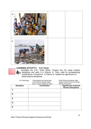 22
Note: Practice Personal Hygiene Protocols at all times
4.
5.
LEARNING ACTIVITY 9 5-5-1 Chart
Look Complete the 5-5-1 Chart below. Choose five (5) social science
disciplines and write it in Column A. Then, write its corresponding
contributions in Column B. In Column C, explain the significance of
social science disciplines.
Ex. Psychology Psychologists and researchers Social Science disciplines helps
are working to address health people understand how tp interact
issues, reduce workplaces stress . with the social world.
Discipline Contribution Significance of Social
Science Disciplines
1.
2.
3.
4.
5.
 