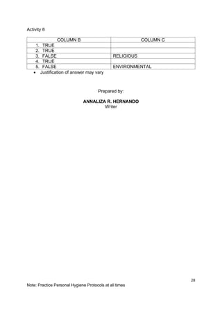 28
Note: Practice Personal Hygiene Protocols at all times
Activity 8
COLUMN B COLUMN C
1. TRUE
2. TRUE
3. FALSE RELIGIOUS
4. TRUE
5. FALSE ENVIRONMENTAL
• Justification of answer may vary
Prepared by:
ANNALIZA R. HERNANDO
Writer
 