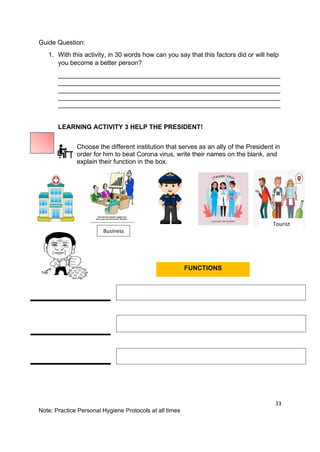 33
Note: Practice Personal Hygiene Protocols at all times
Guide Question:
1. With this activity, in 30 words how can you say that this factors did or will help
you become a better person?
______________________________________________________________
______________________________________________________________
______________________________________________________________
______________________________________________________________
______________________________________________________________
LEARNING ACTIVITY 3 HELP THE PRESIDENT!
Choose the different institution that serves as an ally of the President in
order for him to beat Corona virus, write their names on the blank, and
explain their function in the box.
Business
Tourist
FUNCTIONS
 
