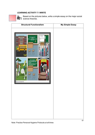 47
Note: Practice Personal Hygiene Protocols at all times
LEARNING ACTIVITY 7 I WRITE
Based on the pictures below, write a simple essay on the major social
science theories.
Structural Functionalism My Simple Essay
 