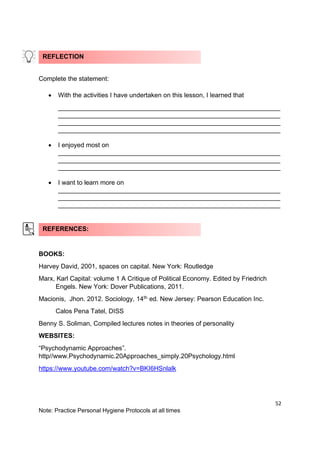 52
Note: Practice Personal Hygiene Protocols at all times
Complete the statement:
• With the activities I have undertaken on this lesson, I learned that
______________________________________________________________
______________________________________________________________
______________________________________________________________
______________________________________________________________
• I enjoyed most on
______________________________________________________________
______________________________________________________________
______________________________________________________________
• I want to learn more on
______________________________________________________________
______________________________________________________________
______________________________________________________________
BOOKS:
Harvey David, 2001, spaces on capital. New York: Routledge
Marx, Karl Capital: volume 1 A Critique of Political Economy. Edited by Friedrich
Engels. New York: Dover Publications, 2011.
Macionis, Jhon. 2012. Sociology, 14th
ed. New Jersey: Pearson Education Inc.
Calos Pena Tatel, DISS
Benny S. Soliman, Compiled lectures notes in theories of personality
WEBSITES:
“Psychodynamic Approaches”.
http//www.Psychodynamic.20Approaches_simply.20Psychology.html
https://www.youtube.com/watch?v=BKI6HSnlalk
REFLECTION
REFERENCES:
 