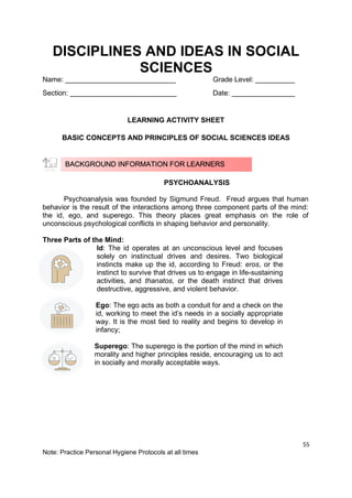 55
Note: Practice Personal Hygiene Protocols at all times
DISCIPLINES AND IDEAS IN SOCIAL
SCIENCES
Name: ____________________________ Grade Level: __________
Section: ___________________________ Date: ________________
LEARNING ACTIVITY SHEET
BASIC CONCEPTS AND PRINCIPLES OF SOCIAL SCIENCES IDEAS
PSYCHOANALYSIS
Psychoanalysis was founded by Sigmund Freud. Freud argues that human
behavior is the result of the interactions among three component parts of the mind:
the id, ego, and superego. This theory places great emphasis on the role of
unconscious psychological conflicts in shaping behavior and personality.
Three Parts of the Mind:
Id: The id operates at an unconscious level and focuses
solely on instinctual drives and desires. Two biological
instincts make up the id, according to Freud: eros, or the
instinct to survive that drives us to engage in life-sustaining
activities, and thanatos, or the death instinct that drives
destructive, aggressive, and violent behavior.
Ego: The ego acts as both a conduit for and a check on the
id, working to meet the id’s needs in a socially appropriate
way. It is the most tied to reality and begins to develop in
infancy;
Superego: The superego is the portion of the mind in which
morality and higher principles reside, encouraging us to act
in socially and morally acceptable ways.
BACKGROUND INFORMATION FOR LEARNERS
 