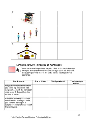 63
Note: Practice Personal Hygiene Protocols at all times
3.
4.
5.
LEARNING ACTIVITY 4 MY LEVEL OF AWARENESS
Read the scenarios provided for you. Then, fill out the boxes with
what you think the id would do, what the ego would do, and what
the superego would do. For the last 3 boxes, create your own
scenarios.
The Scenario The Id Would... The Ego Would... The Superego
Would...
On your way home from school,
you see a big house in a nice
neighborhood with the front door
wide open. It doesn’t look like
anyone is home.
A student is walking out of the
computer lab. When you enter,
you see that a nice pair of
sunglasses were left near one of
the computers.
 