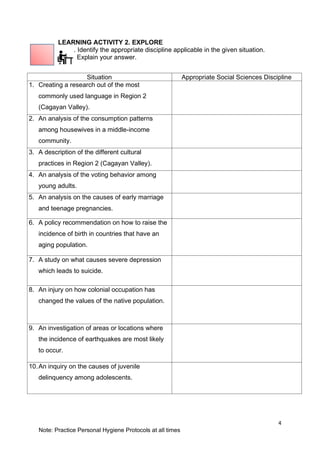 4
Note: Practice Personal Hygiene Protocols at all times
LEARNING ACTIVITY 2. EXPLORE
. Identify the appropriate discipline applicable in the given situation.
Explain your answer.
Situation Appropriate Social Sciences Discipline
1. Creating a research out of the most
commonly used language in Region 2
(Cagayan Valley).
2. An analysis of the consumption patterns
among housewives in a middle-income
community.
3. A description of the different cultural
practices in Region 2 (Cagayan Valley).
4. An analysis of the voting behavior among
young adults.
5. An analysis on the causes of early marriage
and teenage pregnancies.
6. A policy recommendation on how to raise the
incidence of birth in countries that have an
aging population.
7. A study on what causes severe depression
which leads to suicide.
8. An injury on how colonial occupation has
changed the values of the native population.
9. An investigation of areas or locations where
the incidence of earthquakes are most likely
to occur.
10.An inquiry on the causes of juvenile
delinquency among adolescents.
 