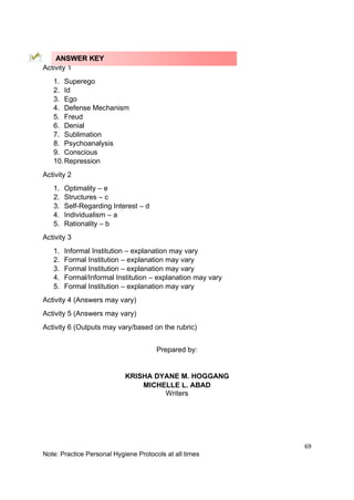 69
Note: Practice Personal Hygiene Protocols at all times
Activity 1
1. Superego
2. Id
3. Ego
4. Defense Mechanism
5. Freud
6. Denial
7. Sublimation
8. Psychoanalysis
9. Conscious
10.Repression
Activity 2
1. Optimality – e
2. Structures – c
3. Self-Regarding Interest – d
4. Individualism – a
5. Rationality – b
Activity 3
1. Informal Institution – explanation may vary
2. Formal Institution – explanation may vary
3. Formal Institution – explanation may vary
4. Formal/Informal Institution – explanation may vary
5. Formal Institution – explanation may vary
Activity 4 (Answers may vary)
Activity 5 (Answers may vary)
Activity 6 (Outputs may vary/based on the rubric)
Prepared by:
KRISHA DYANE M. HOGGANG
MICHELLE L. ABAD
Writers
ANSWER KEY
 