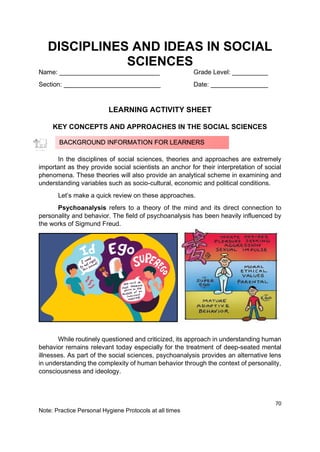 70
Note: Practice Personal Hygiene Protocols at all times
DISCIPLINES AND IDEAS IN SOCIAL
SCIENCES
Name: ____________________________ Grade Level: __________
Section: ___________________________ Date: ________________
LEARNING ACTIVITY SHEET
KEY CONCEPTS AND APPROACHES IN THE SOCIAL SCIENCES
In the disciplines of social sciences, theories and approaches are extremely
important as they provide social scientists an anchor for their interpretation of social
phenomena. These theories will also provide an analytical scheme in examining and
understanding variables such as socio-cultural, economic and political conditions.
Let’s make a quick review on these approaches.
Psychoanalysis refers to a theory of the mind and its direct connection to
personality and behavior. The field of psychoanalysis has been heavily influenced by
the works of Sigmund Freud.
While routinely questioned and criticized, its approach in understanding human
behavior remains relevant today especially for the treatment of deep-seated mental
illnesses. As part of the social sciences, psychoanalysis provides an alternative lens
in understanding the complexity of human behavior through the context of personality,
consciousness and ideology.
BACKGROUND INFORMATION FOR LEARNERS
 