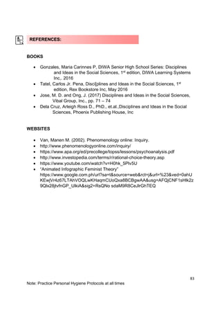 83
Note: Practice Personal Hygiene Protocols at all times
BOOKS: (APA STYLE)
BOOKS
• Gonzales, Maria Carinnes P, DIWA Senior High School Series: Disciplines
and Ideas in the Social Sciences, 1st
edition, DIWA Learning Systems
Inc,. 2016
• Tatel, Carlos Jr. Pena, Disci[plines and Ideas in the Social Sciences, 1st
edition, Rex Bookstore Inc, May 2016
• Jose, M. D. and Ong, J. (2017) Disciplines and Ideas in the Social Sciences,
Vibal Group, Inc., pp. 71 – 74
• Dela Cruz, Arleigh Ross D., PhD., et.al.,Disciplines and Ideas in the Social
Sciences, Phoenix Publishing House, Inc
WEBSITES
• Van, Manen M. (2002). Phenomenology online: Inquiry.
• http://www.phenomenologyonline.com/inquiry/
• https://www.apa.org/ed/precollege/topss/lessons/psychoanalysis.pdf
• http://www.investopedia.com/terms/r/rational-choice-theory.asp
• https://www.youtube.com/watch?v=H0hk_5Plv5U
• “Animated Infographic Feminist Theory”
https://www.google.com.ph/url?sa=t&source=web&rct=j&url=%23&ved=0ahU
KEwjVr4z67LTAhVOQLwKHaqmCUoQxa8BCBgwAA&usg=AFQjCNF1sHlk2z
9Qlx28jtvfnGP_UlkiA&sig2=RsQNo sdaM9R8CeJlrGhTEQ
REFERENCES:
 