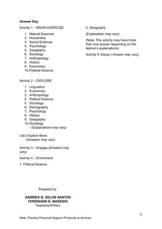 11
Note: Practice Personal Hygiene Protocols at all times
Answer Key
Activity 1 – BRAIN EXERCISE
1. Natural Sciences
2. Humanities
3. Social Sciences
4. Psychology
5. Geography
6. Sociology
7. Anthropology
8. History
9. Economics
10.Political Science
Activity 2 – EXPLORE
1. Linguistics
2. Economics
3. Anthropology
4. Political Science
5. Sociology
6. Demography
7. Psychology
8. History
9. Geography
10.Sociology
- (Explanations may vary)
Let’s Explore More:
-(Answers may vary)
Activity 3 – Engage (Answers may
vary)
Activity 4 – Enrichment
1. Political Science
Prepared by:
DARRIEX Q. DELOS SANTOS
FERDINAND D. MASIDDO
Teachers/Writers
2. Geography
(Explanation may vary)
(Note: This activity may have more
than one answer depending on the
learner’s explanations)
Activity 5- Essay ( Answer may vary)
 
