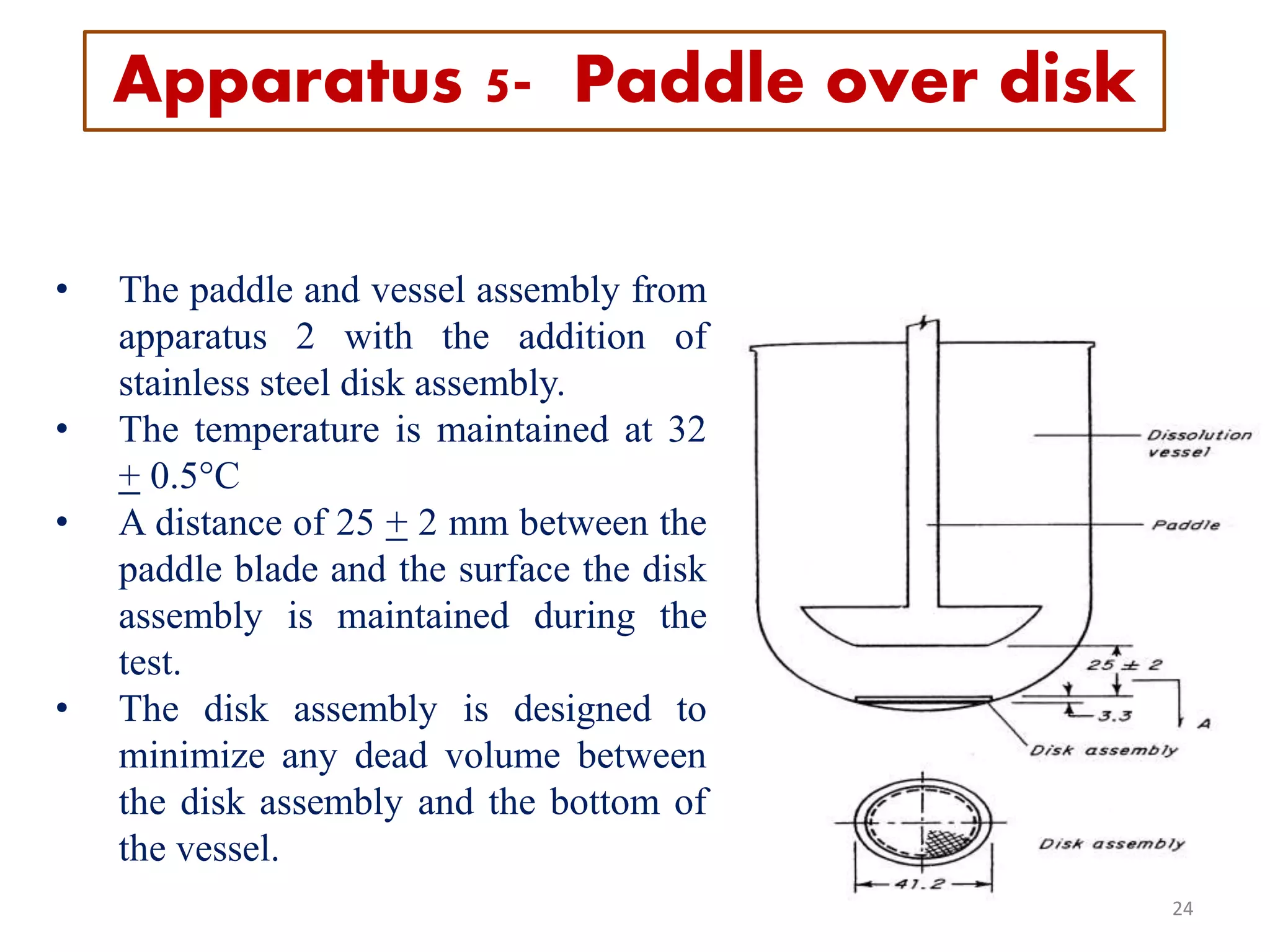 • The paddle and vessel assembly from
apparatus 2 with the addition of
stainless steel disk assembly.
• The temperature is maintained at 32
+ 0.5°C
• A distance of 25 + 2 mm between the
paddle blade and the surface the disk
assembly is maintained during the
test.
• The disk assembly is designed to
minimize any dead volume between
the disk assembly and the bottom of
the vessel.
Apparatus 5- Paddle over disk
24
 