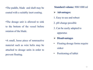 12
•The paddle, blade and shaft may be
coated with a suitably inert coating.
•The dosage unit is allowed to sink
to the bottom of the vessel before
rotation of the blade.
•A small, loose piece of nonreactive
material such as wire helix may be
attached to dosage units in order to
prevent floating.
Standard volume: 900/1000 ml
 Advantages:
1. Easy to use and robust
2. pH change possible
3. Can be easily adapted to
apparatus
 Disadvantages
• Floating dosage forms require
sinker
• Positioning of tablet
 