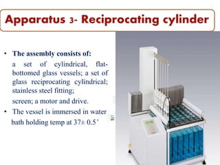 • The assembly consists of:
a set of cylindrical, flat-
bottomed glass vessels; a set of
glass reciprocating cylindrical;
stainless steel fitting;
screen; a motor and drive.
• The vessel is immersed in water
bath holding temp at 37± 0.5 ̊
15
Apparatus 3- Reciprocating cylinder
 