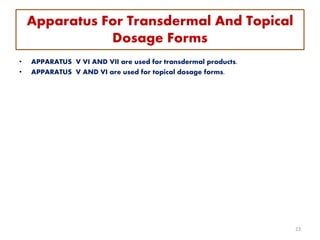 Apparatus For Transdermal And Topical
Dosage Forms
• APPARATUS V VI AND VII are used for transdermal products.
• APPARATUS V AND VI are used for topical dosage forms.
23
 