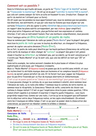 Comment est-ce possible ?
Dans la littérature spirituelle sérieuse, on parle de "Taire l'ego et le mental" ou bien
de "Transcender le mental/ego". On dit qu'on ne peut "contrôler le mental PAR le mental",
que cela est comme essayer de taire un echo en haussant la voix. (traduction : Essayer de
sortir du mental en l'utilisant pour ce faire).
On dit aussi que les pensées ne nous appartiennent pas, nous ne sommes pas nos pensées,
nos émotions, nos sentiments, et que par cela nous ne faisons que nous aligner sur une
certaine fréquence afin de capter à cette vibration les pensées/émotions/sentiments
en rapport dans les plans subtils correspondant, par nos chakras. (pour simplifier)
Ainsi plus notre fréquence est haute, plus parfaites sont nos expression et contenu
internes. C'est cela un instrument humain. Pour une meilleure compréhension, nous pouvons
faire l'analogie entre un être humain et un poste de radio.
Nous ne sommes pas l'émission de radio qui passe ("Radio Mental" pour la plupart des gens)
mais bien le poste de radio qui avec le bouton du sélecteur, en changeant la fréquence,
permet de capter une autre émission ("Radio Être").
De ce fait, le poste de radio peut émettre par les hauts parleurs (Conscience de veille) une
autre sorte de musique et donc changer de "contenu". La plupart des gens n'ont jamais
réussi à toucher au sélecteur, ou tellement peu, par accidents, qu'ils sont convaincus qu'il
n'existe que "Radio Mental" et qu'ils sont cela, que cela les définit en tant que "JE" et
"MOI".
Dans notre exemple, les radios seraient classées de la plus basse et infame à la plus
sophistiquée et précieuse, par fréquence croissante.
Mais ici "Radio Mental" (fréquence basse) ne passe que de la variété sans intérêt, et ceux
qui recherchent la véritable musique dans son harmonie et sa complexe beauté (fréquence
haute), ne seront jamais satisfait de cela. Et ils feront tout pour zapper de fréquence
pour ne pas être traversés par ce flux de musique aberrante et disharmonieuse.
C'est ce qui se passe quand on se "dissocie de son mental/ego" pour passer dans "l'Être".
Si nous pouvons changer le contenu de ce que nous sommes à volonté, alors sommes-nous
l'émission de radio, ou la radio elle même ? Sommes-nous le contenu de notre mental, ou
sommes-nous le réceptable, la Conscience Témoin de veille, consciente de choisir son
contenu à chaque instant ? C'est ce que l'expérience directe pose comme question, l'être
humain étant capable à un moment d'exprimer n'importe quelle fréquence... avec leurs
propriétés respectives. Comme sur une radio, il arrive qu'en ne bougeant pas suffisament
loin le sélecteur entre deux fréquences radios, on les capte simultanément. On entend
alors les 2 musiques en même temps. C'est ce qui peut se passer dans la dissociation des
consciences, qui pourrait se résumer comme le schéma ci-dessous :
Curseur « .......V..... .......V.................V................»
Radio Mental.[-------].
Conscience de Veille [--------------]
Radio Être_ « .-------------------- »--------------------------------------------------------------------------------------------------------------------------------------------------------------------------------------------------------------------------------------------------------------------------------------------------------------------------------------------------------------------------------------------------------------------------------------------------------------------------------------------------------------------------------------------------------------------------------------------------------------------------------------------------------------------------------------------------------------------------------------------------
Frequences_«....BASSE. » »...MOYENNE.. »...........HAUTE.......... »
 En rouge la zone de fréquence basse de "Radio mental",
 En bleu le chevauchement des deux en fréquence moyenne,
 En vert la zone de fréquence haute où "Radio Mental" n'interfère plus et où "Radio
Être" est seule à être diffusée sur les hauts-parleurs.
 