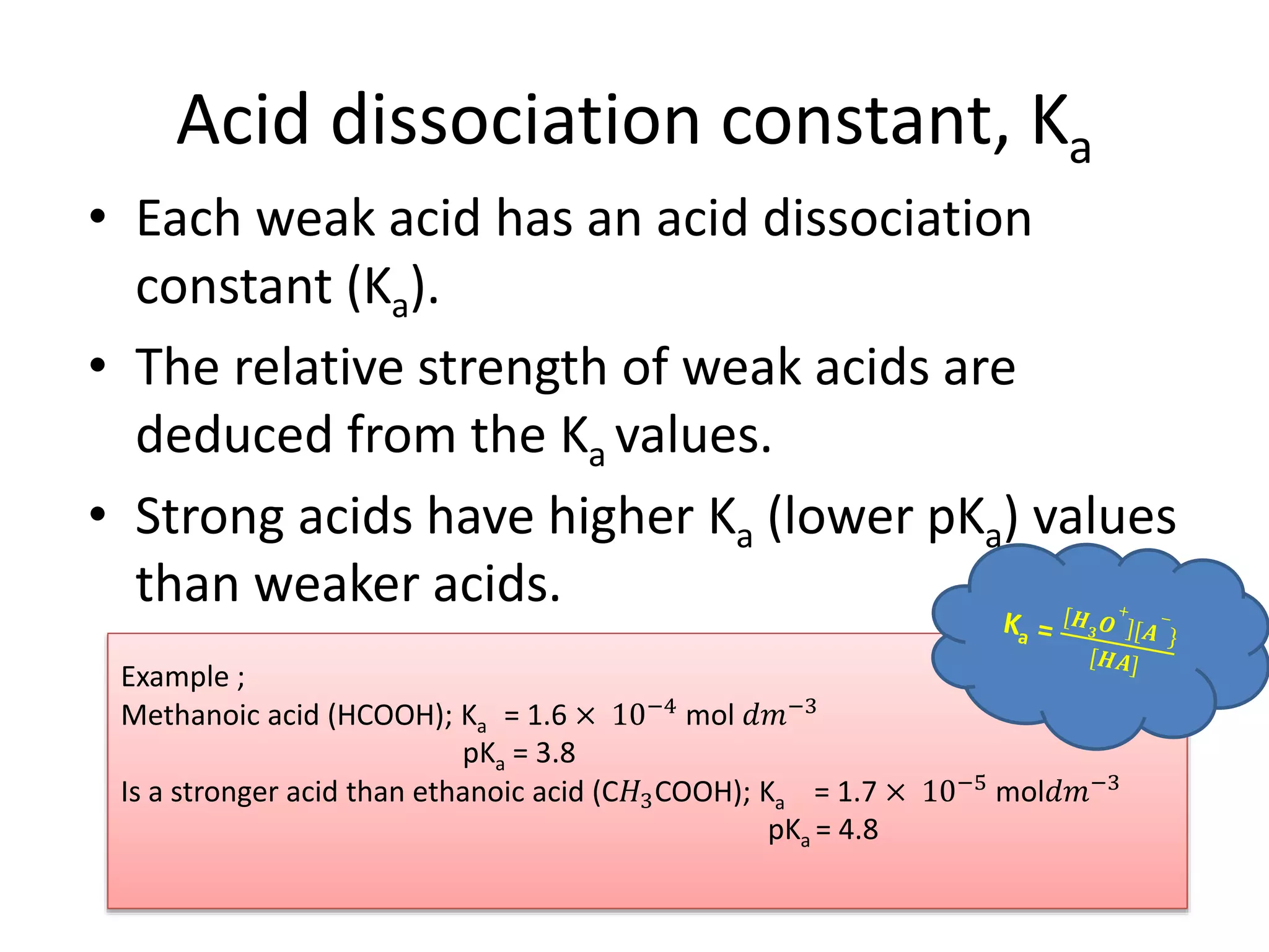 Acid dissociation constant, Ka
• Each weak acid has an acid dissociation
constant (Ka).
• The relative strength of weak acids are
deduced from the Ka values.
• Strong acids have higher Ka (lower pKa) values
than weaker acids.
Example ;
Methanoic acid (HCOOH); Ka = 1.6 × 10−4
mol 𝑑𝑚−3
pKa = 3.8
Is a stronger acid than ethanoic acid (C𝐻3COOH); Ka = 1.7 × 10−5
mol𝑑𝑚−3
pKa = 4.8
 