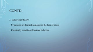 CONTD.
3. Behavioral theory:
- Symptoms are learned response in the face of stress
- Classically conditioned learned behavior
 