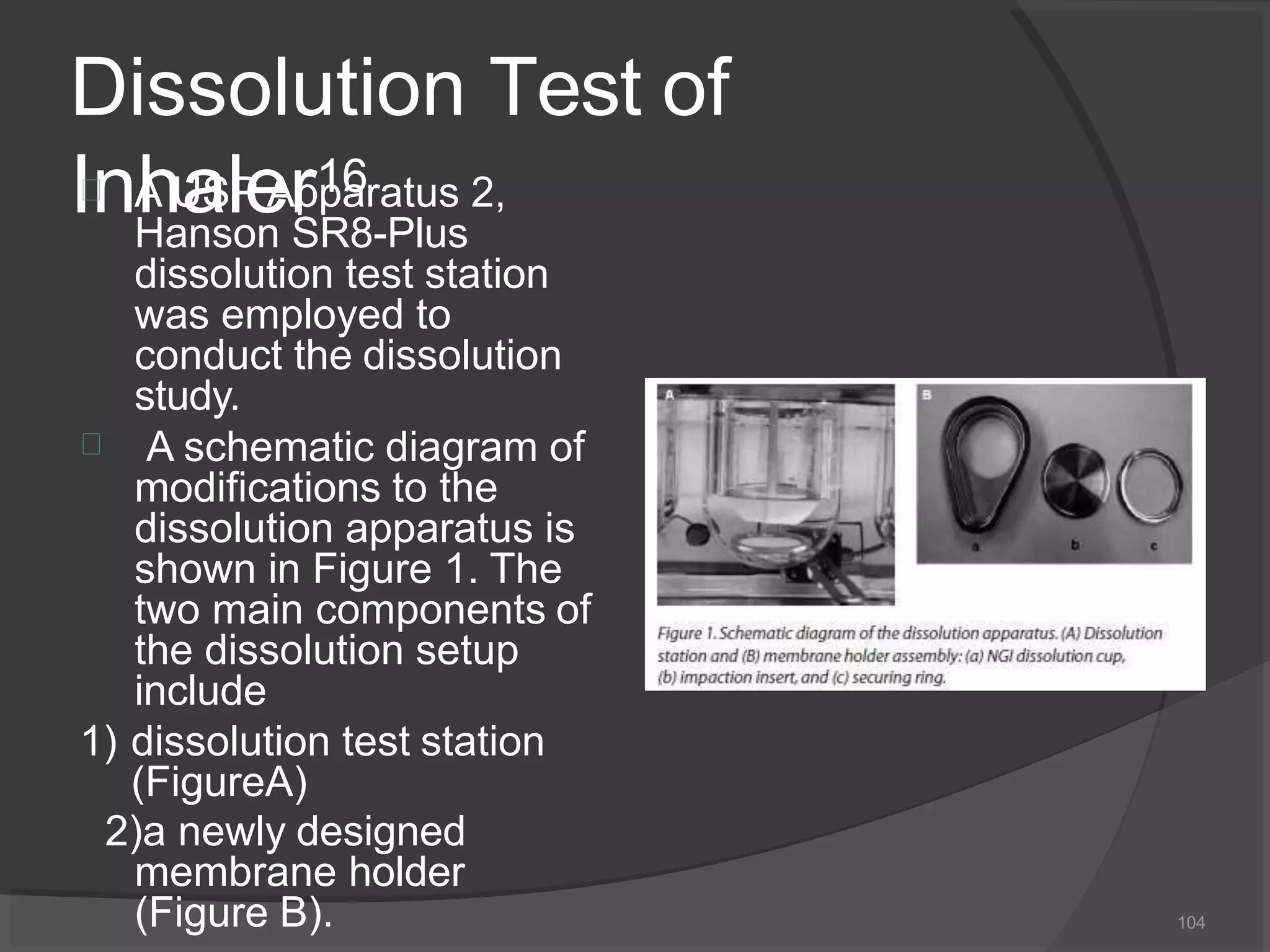 Dissolution Test of
Inhaler16

A USP Apparatus 2,
Hanson SR8-Plus
dissolution test station
was employed to
conduct the dissolution
study.
A schematic diagram of
modifications to the
dissolution apparatus is
shown in Figure 1. The
two main components of
the dissolution setup
include
1) dissolution test station
(FigureA)
2)a newly designed
membrane holder
(Figure B). 104
 