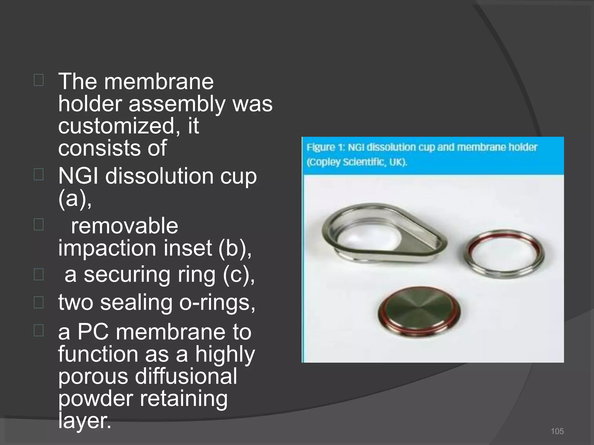 

The membrane
holder assembly was
customized, it
consists of
NGI dissolution cup
(a),




removable
impaction inset (b),
a securing ring (c),
two sealing o-rings,
a PC membrane to
function as a highly
porous diffusional
powder retaining
layer. 105
 