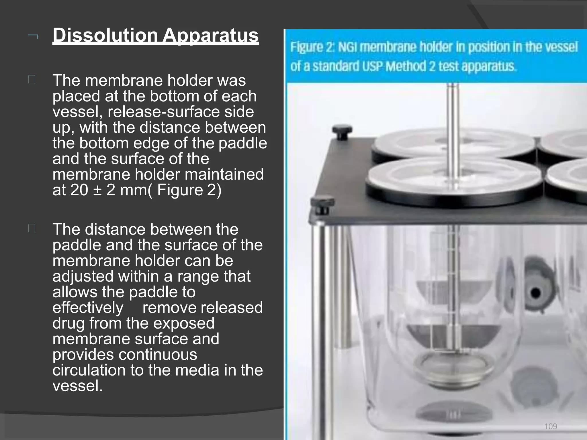  Dissolution Apparatus
 The membrane holder was
placed at the bottom of each
vessel, release-surface side
up, with the distance between
the bottom edge of the paddle
and the surface of the
membrane holder maintained
at 20 ± 2 mm( Figure 2)
 The distance between the
paddle and the surface of the
membrane holder can be
adjusted within a range that
allows the paddle to
effectively remove released
drug from the exposed
membrane surface and
provides continuous
circulation to the media in the
vessel.
109
 
