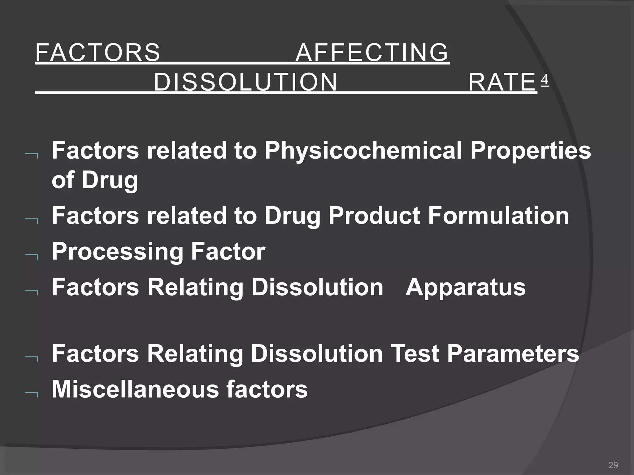 FACTORS AFFECTING
DISSOLUTION RATE 4
 Factors related to Physicochemical Properties
of Drug
 Factors related to Drug Product Formulation
 Processing Factor
 Factors Relating Dissolution Apparatus
 Factors Relating Dissolution Test Parameters
 Miscellaneous factors
29
 