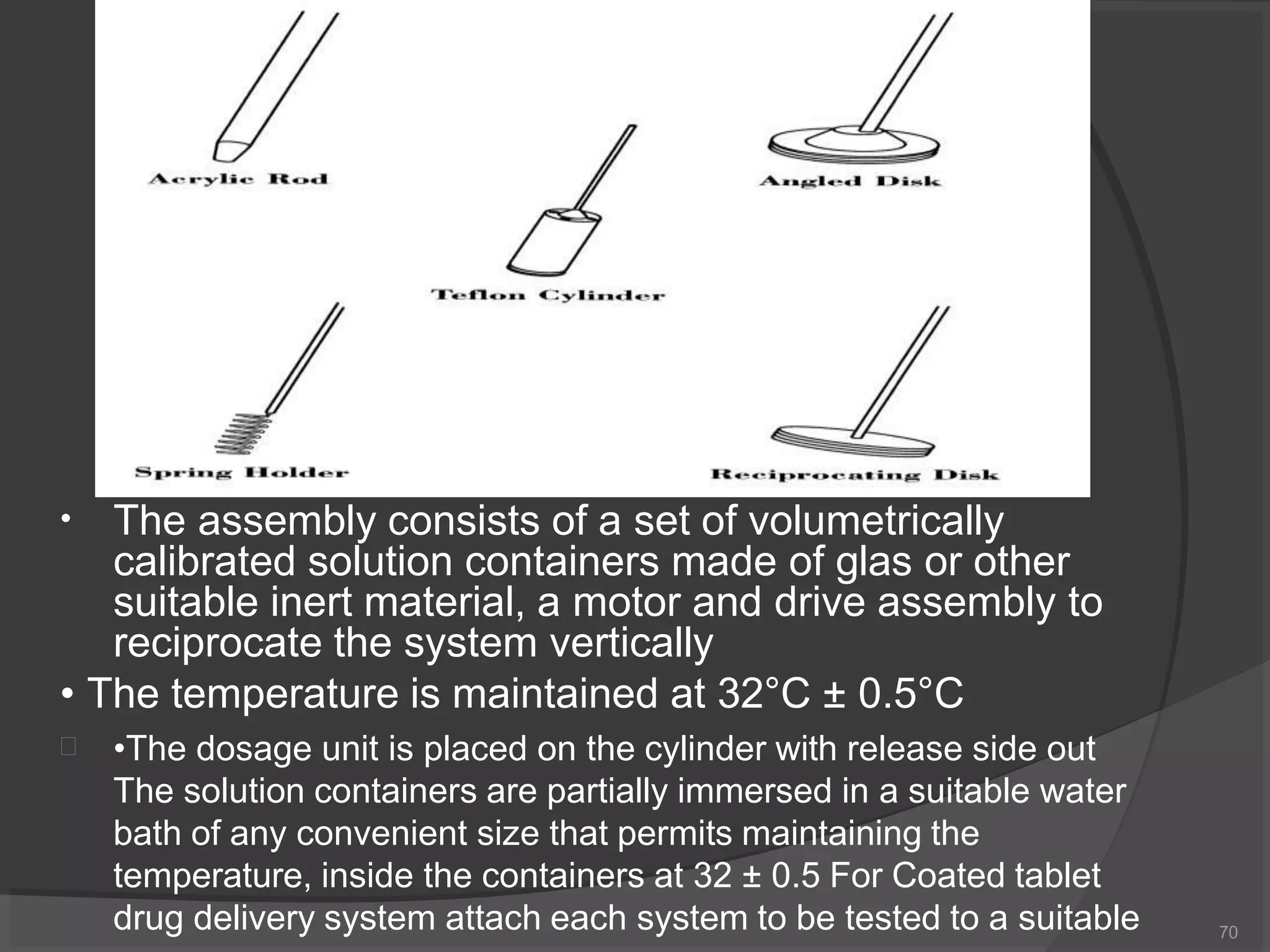 • The assembly consists of a set of volumetrically
calibrated solution containers made of glas or other
suitable inert material, a motor and drive assembly to
reciprocate the system vertically
• The temperature is maintained at 32°C ± 0.5°C
 •The dosage unit is placed on the cylinder with release side out
The solution containers are partially immersed in a suitable water
bath of any convenient size that permits maintaining the
temperature, inside the containers at 32 ± 0.5 For Coated tablet
drug delivery system attach each system to be tested to a suitable 70
 