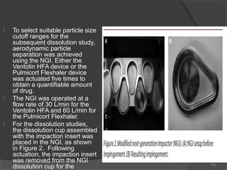 





To select suitable particle size
cutoff ranges for the
subsequent dissolution study,
aerodynamic particle
separation was achieved
using the NGI. Either the
Ventolin HFA device or the
Pulmicort Flexhaler device
was actuated five times to
obtain a quantifiable amount
of drug.
The NGI was operated at a
flow rate of 30 L/min for the
Ventolin HFA and 60 L/min for
the Pulmicort Flexhaler.
For the dissolution studies,
the dissolution cup assembled
with the impaction insert was
placed in the NGI, as shown
in Figure 2. Following
actuation, the impaction insert
was removed from the NGI
dissolution cup for the

106

 
