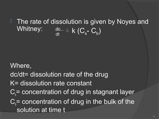 

The rate of dissolution is given by Noyes and
dc
Whitney:
k (C - C )
dt

s

b

Where,
dc/dt= dissolution rate of the drug
K= dissolution rate constant
Cs= concentration of drug in stagnant layer
Cb= concentration of drug in the bulk of the
solution at time t
18

 