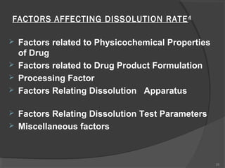 FACTORS AFFECTING DISSOLUTION RATE 4







Factors related to Physicochemical Properties
of Drug
Factors related to Drug Product Formulation
Processing Factor
Factors Relating Dissolution Apparatus
Factors Relating Dissolution Test Parameters
Miscellaneous factors

29

 
