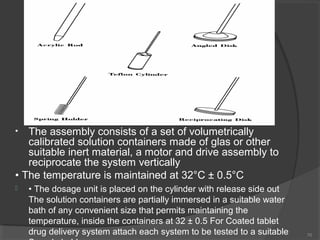 The assembly consists of a set of volumetrically
calibrated solution containers made of glas or other
suitable inert material, a motor and drive assembly to
reciprocate the system vertically
• The temperature is maintained at 32°C ± 0.5°C
•



• The dosage unit is placed on the cylinder with release side out
The solution containers are partially immersed in a suitable water
bath of any convenient size that permits maintaining the
temperature, inside the containers at 32 ± 0.5 For Coated tablet
drug delivery system attach each system to be tested to a suitable

70

 