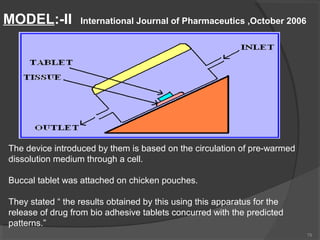 MODEL:-II

International Journal of Pharmaceutics ,October 2006

The device introduced by them is based on the circulation of pre-warmed
dissolution medium through a cell.
Buccal tablet was attached on chicken pouches.
They stated “ the results obtained by this using this apparatus for the
release of drug from bio adhesive tablets concurred with the predicted
patterns.”
79

 