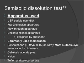 Semisolid dissolution test

12



Apparatus used



USP paddle over disk
Franz diffusion apparatus
Flow through apparatus
Unconventional apparatus
a) designed by chouhan12
Commonly used membranes
Polysulphone (Tuffryn, 0.45 μm size): Most suitable syn.
membrane for ointments.
Cellulosic acetate plus.
Nylon
Teflon and polycorbonate











97

 