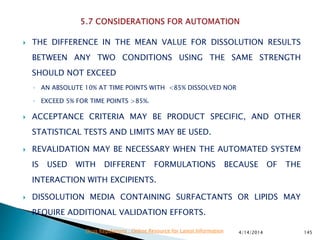  THE DIFFERENCE IN THE MEAN VALUE FOR DISSOLUTION RESULTS
BETWEEN ANY TWO CONDITIONS USING THE SAME STRENGTH
SHOULD NOT EXCEED
◦ AN ABSOLUTE 10% AT TIME POINTS WITH <85% DISSOLVED NOR
◦ EXCEED 5% FOR TIME POINTS >85%.
 ACCEPTANCE CRITERIA MAY BE PRODUCT SPECIFIC, AND OTHER
STATISTICAL TESTS AND LIMITS MAY BE USED.
 REVALIDATION MAY BE NECESSARY WHEN THE AUTOMATED SYSTEM
IS USED WITH DIFFERENT FORMULATIONS BECAUSE OF THE
INTERACTION WITH EXCIPIENTS.
 DISSOLUTION MEDIA CONTAINING SURFACTANTS OR LIPIDS MAY
REQUIRE ADDITIONAL VALIDATION EFFORTS.
4/14/2014 145Drug Regulations : Online Resource for Latest Information
 