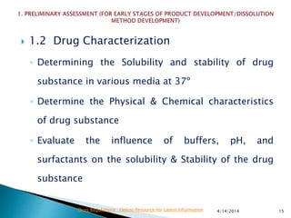  1.2 Drug Characterization
◦ Determining the Solubility and stability of drug
substance in various media at 37º
◦ Determine the Physical & Chemical characteristics
of drug substance
◦ Evaluate the influence of buffers, pH, and
surfactants on the solubility & Stability of the drug
substance
4/14/2014 15Drug Regulations : Online Resource for Latest Information
 