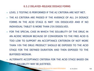  LEVEL 3 TESTING IS PERFORMED IF THE A2 CRITERIA ARE NOT MET.
 THE A3 CRITERIA ARE PASSED IF THE AVERAGE OF ALL 24 DOSAGE
FORMS IN THE ACID STAGE IS NMT 10% DISSOLVED AND IF NO
INDIVIDUAL TABLET IS MORE THAN 25% DISSOLVED.
 FOR THE SPECIAL CASE IN WHICH THE SOLUBILITY OF THE DRUG IN
AN ACIDIC MEDIUM BECAUSE OF CONVERSION TO THE FREE ACID IS
TOO LOW TO SUPPORT AN ACCEPTANCE CRITERION OF NOT MORE
THAN 10% THE DRUG PRODUCT SHOULD BE EXPOSED TO THE ACID
STAGE FOR THE DEFINED DURATION AND THEN EXPOSED TO THE
BUFFERED MEDIUM.
 ALTERNATE ACCEPTANCE CRITERIA FOR THE ACID STAGE BASED ON
DRUG SOLUBILITY MAY BE JUSTIFIED.
4/14/2014 160Drug Regulations : Online Resource for Latest Information
 