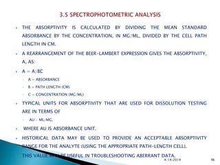  THE ABSORPTIVITY IS CALCULATED BY DIVIDING THE MEAN STANDARD
ABSORBANCE BY THE CONCENTRATION, IN MG/ML, DIVIDED BY THE CELL PATH
LENGTH IN CM.
 A REARRANGEMENT OF THE BEER-LAMBERT EXPRESSION GIVES THE ABSORPTIVITY,
A, AS:
 A = A/BC
◦ A = ABSORBANCE
◦ B = PATH LENGTH (CM)
◦ C = CONCENTRATION (MG/ML)
 TYPICAL UNITS FOR ABSORPTIVITY THAT ARE USED FOR DISSOLUTION TESTING
ARE IN TERMS OF
◦ AU · ML/MG,
 WHERE AU IS ABSORBANCE UNIT.
 HISTORICAL DATA MAY BE USED TO PROVIDE AN ACCEPTABLE ABSORPTIVITY
RANGE FOR THE ANALYTE (USING THE APPROPRIATE PATH-LENGTH CELL).
 THIS VALUE MAY BE USEFUL IN TROUBLESHOOTING ABERRANT DATA.
4/14/2014 96
 