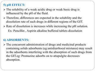 5) pH EFFECT: 
 The solubility of a weak acidic drug or weak basic drug is 
influenced by the pH of the fluid. 
 Therefore, differences are expected in the solubility and the 
dissolution rate of such drugs in different regions of the GIT. 
 Rate of dissolution is increases while increasing the pH solution. 
Ex: Pencillin , Aspirin alkaline buffered tablets dissolution 
6) ADSORBENTS: 
 The concurrent administration of drugs and medicinal products 
containing solids adsorbents (eg:antidiarrhoeal mixtures) may result 
in the adsorbents interfering with the absorption of such drugs from 
the GIT.eg: Promazine adsorbs on to attapulgite decreases 
absorption. 
 