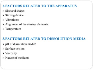 2.FACTORS RELATED TO THE APPARATUS 
 Size and shape: 
 Stirring device: 
 Vibrations: 
 Alignment of the stirring elements: 
 Temperature 
3.FACTORS RELATED TO DISSOLUTION MEDIA 
 pH of dissolution media: 
 Surface tension: 
 Viscosity : 
 Nature of medium: 
 