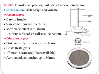 USE: Transdermal patches, ointments, floaters , emulsions. 
 Modification: Disk design and volume 
Advantages: 
 Easy to handle 
 Sink conditions are maintained. 
 Membrane effect is minimum. 
i.e. drug is placed on a disc at the bottom. 
 Disadvantages: 
 Disk assembly restricts the patch size 
 Borosilicate glass 
 17 mesh is standard(others available) 
 Accommodates patches up to 90mm. 
 