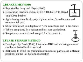 2.BEAKER METHOD: 
 Reported by Levy and Hayes(1960). 
 Dissolution medium, 250ml of 0.1N HCl at 37°C placed 
in a 400ml beaker. 
 Agitation by three blade polyethylene stirrer,5cm diameter and 
rotates at 60 rpm. 
 Stirrer immersed to a depth of 2.7 cm in medium and in the center. 
 Tablets are placed in a beaker and test was carried out. 
 Samples are removed and assayed for the content. 
3.FLASK STIRRER METHOD 
 Developed by Poole(1969).It includes RBF and a stirring element 
similar to that of beaker method. 
 RBF used to avoid the formation of moulds of particles in different 
positions on the flat bottom of a beaker. 
 
