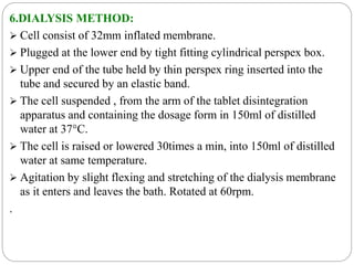 6.DIALYSIS METHOD: 
 Cell consist of 32mm inflated membrane. 
 Plugged at the lower end by tight fitting cylindrical perspex box. 
 Upper end of the tube held by thin perspex ring inserted into the 
tube and secured by an elastic band. 
 The cell suspended , from the arm of the tablet disintegration 
apparatus and containing the dosage form in 150ml of distilled 
water at 37°C. 
 The cell is raised or lowered 30times a min, into 150ml of distilled 
water at same temperature. 
 Agitation by slight flexing and stretching of the dialysis membrane 
as it enters and leaves the bath. Rotated at 60rpm. 
. 
 