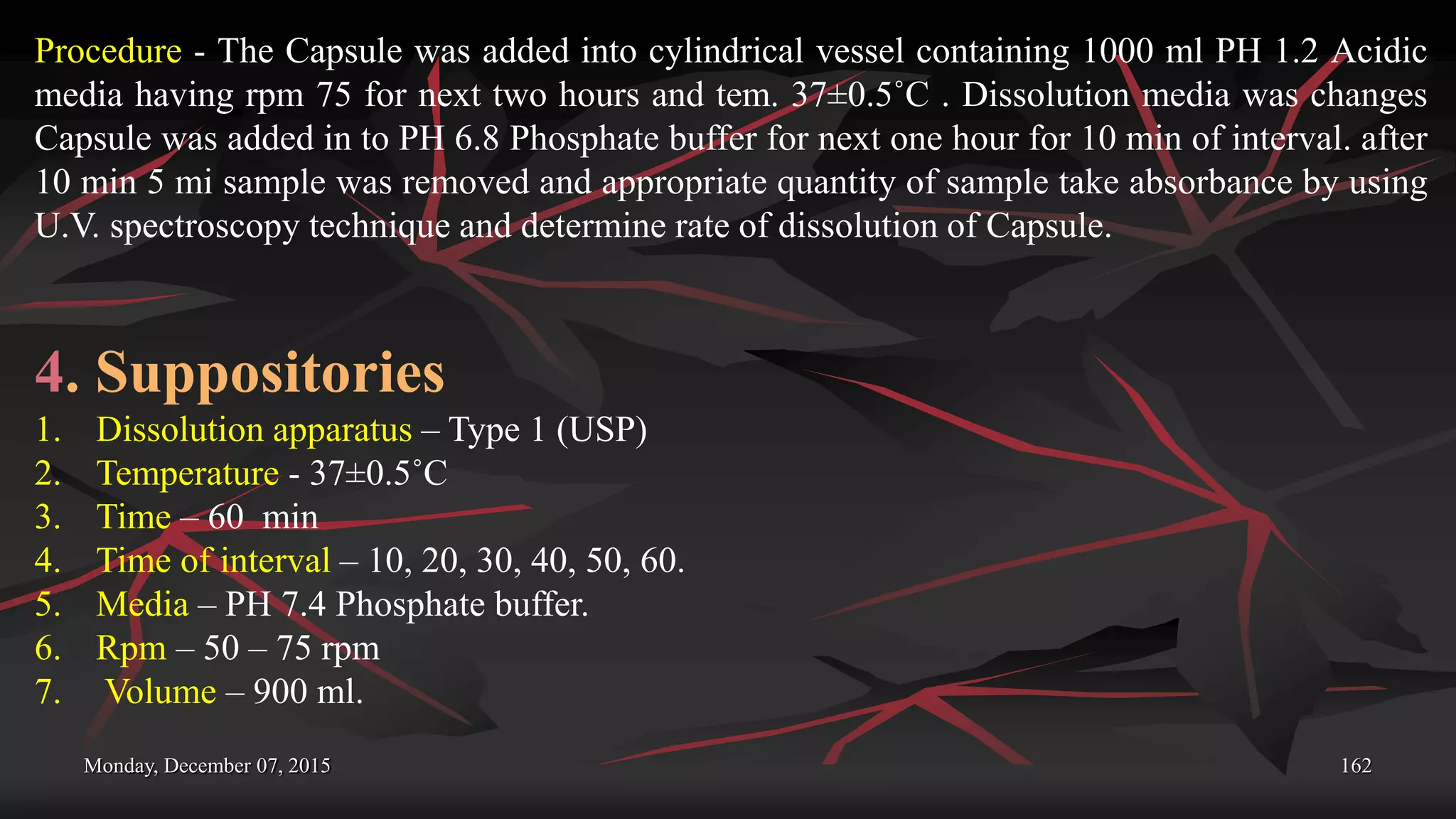 Monday, December 07, 2015 162
Procedure - The Capsule was added into cylindrical vessel containing 1000 ml PH 1.2 Acidic
media having rpm 75 for next two hours and tem. 37±0.5˚C . Dissolution media was changes
Capsule was added in to PH 6.8 Phosphate buffer for next one hour for 10 min of interval. after
10 min 5 mi sample was removed and appropriate quantity of sample take absorbance by using
U.V. spectroscopy technique and determine rate of dissolution of Capsule.
4. Suppositories
1. Dissolution apparatus – Type 1 (USP)
2. Temperature - 37±0.5˚C
3. Time – 60 min
4. Time of interval – 10, 20, 30, 40, 50, 60.
5. Media – PH 7.4 Phosphate buffer.
6. Rpm – 50 – 75 rpm
7. Volume – 900 ml.
 