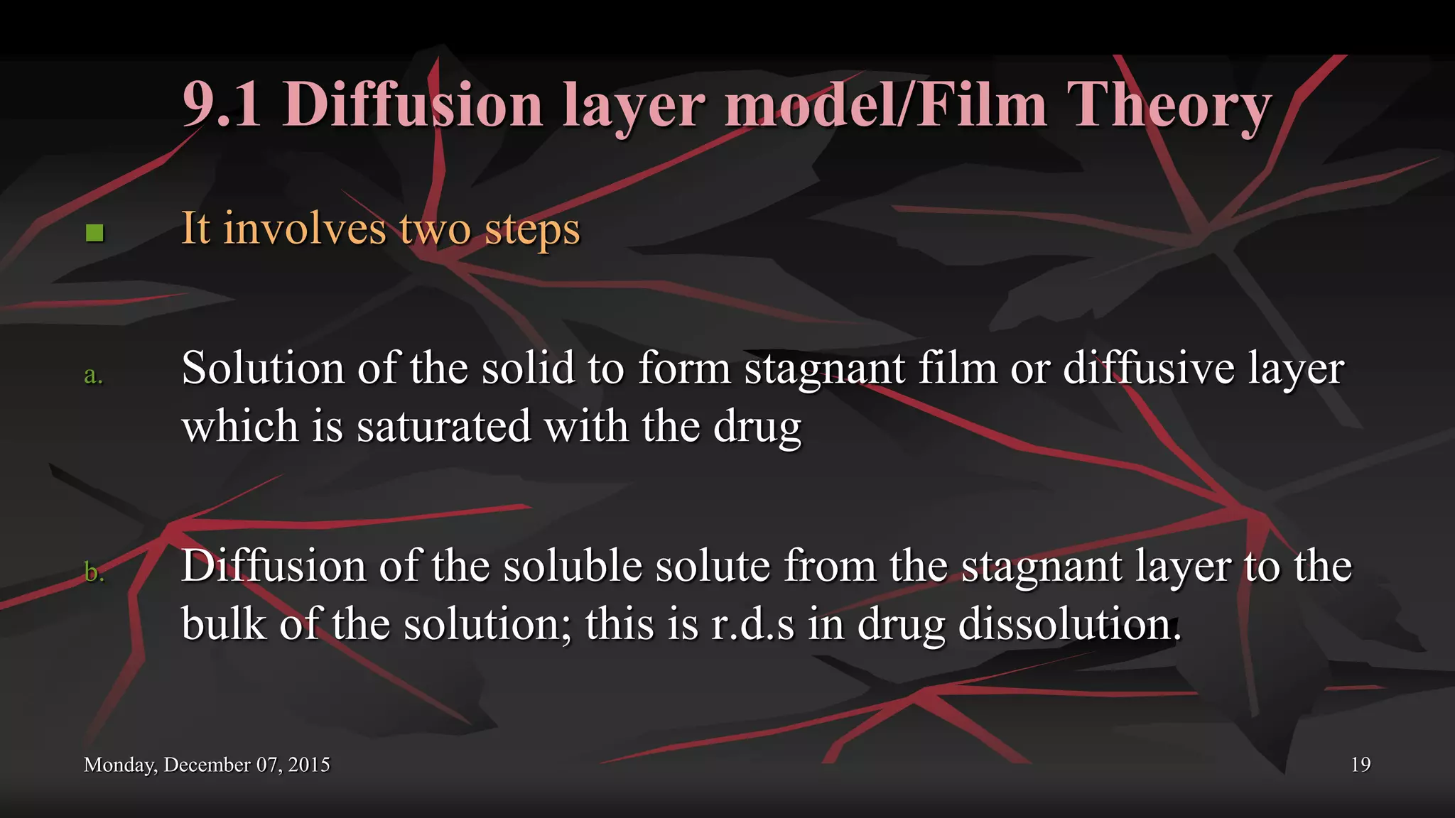 9.1 Diffusion layer model/Film Theory
 It involves two steps
a. Solution of the solid to form stagnant film or diffusive layer
which is saturated with the drug
b. Diffusion of the soluble solute from the stagnant layer to the
bulk of the solution; this is r.d.s in drug dissolution.
Monday, December 07, 2015 19
 