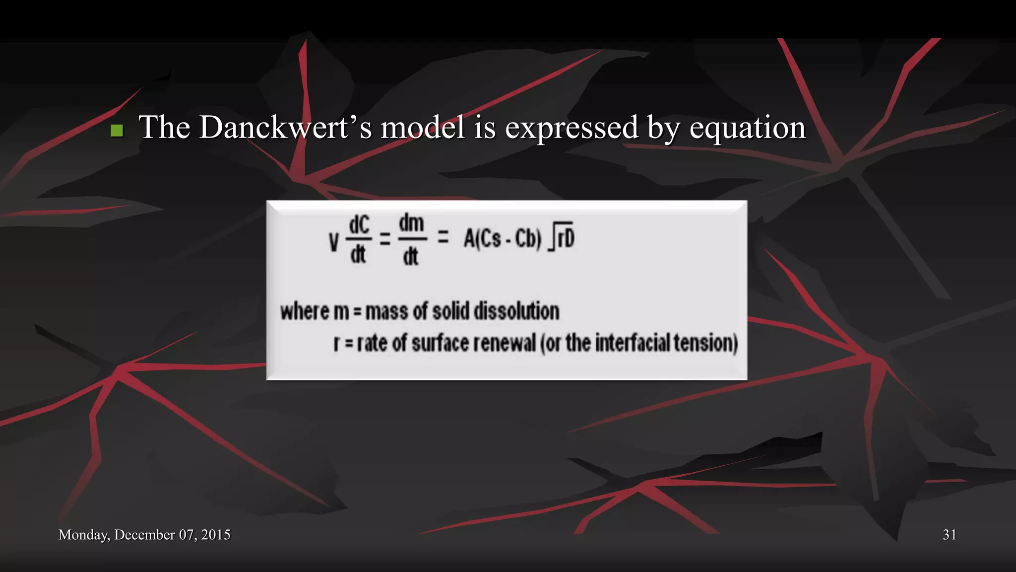 Monday, December 07, 2015 31
 The Danckwert’s model is expressed by equation
 
