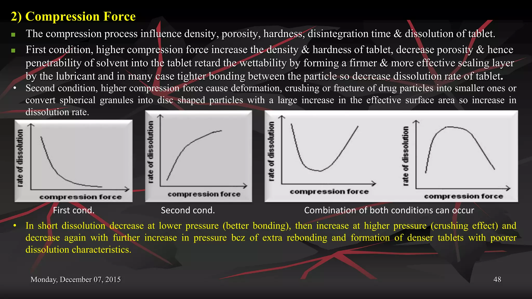 Monday, December 07, 2015 48
2) Compression Force
 The compression process influence density, porosity, hardness, disintegration time & dissolution of tablet.
 First condition, higher compression force increase the density & hardness of tablet, decrease porosity & hence
penetrability of solvent into the tablet retard the wettability by forming a firmer & more effective sealing layer
by the lubricant and in many case tighter bonding between the particle so decrease dissolution rate of tablet.
• Second condition, higher compression force cause deformation, crushing or fracture of drug particles into smaller ones or
convert spherical granules into disc shaped particles with a large increase in the effective surface area so increase in
dissolution rate.
First cond. Second cond. Combination of both conditions can occur
• In short dissolution decrease at lower pressure (better bonding), then increase at higher pressure (crushing effect) and
decrease again with further increase in pressure bcz of extra rebonding and formation of denser tablets with poorer
dissolution characteristics.
 