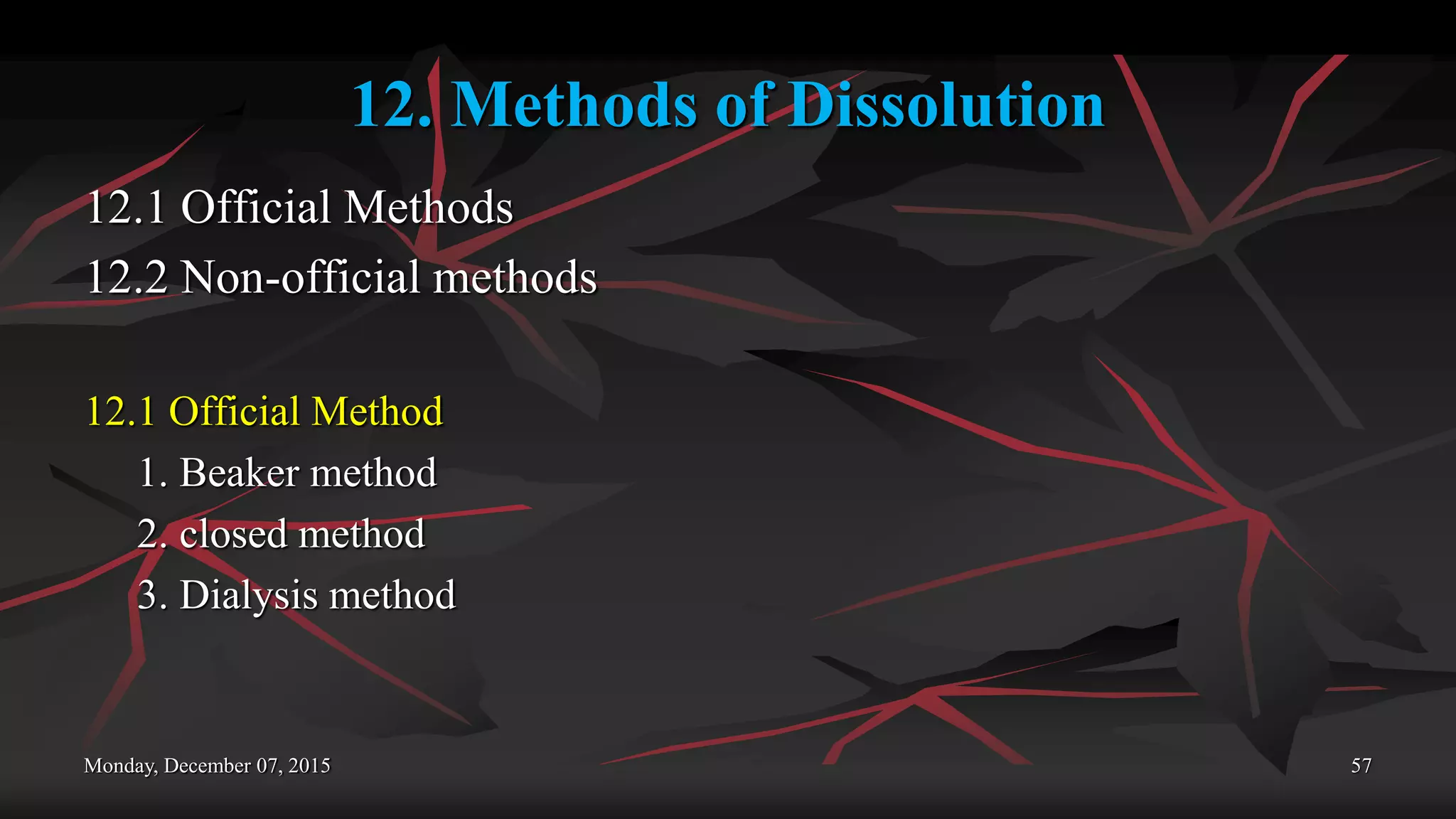 12. Methods of Dissolution
12.1 Official Methods
12.2 Non-official methods
12.1 Official Method
1. Beaker method
2. closed method
3. Dialysis method
Monday, December 07, 2015 57
 