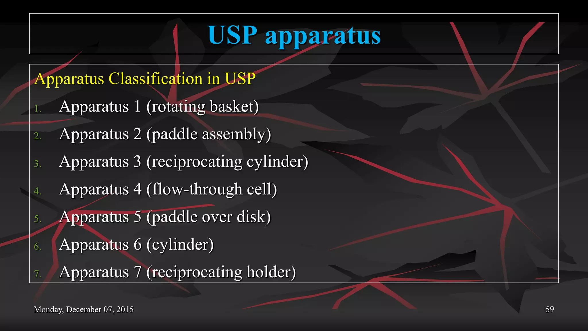 USP apparatus
Apparatus Classification in USP
1. Apparatus 1 (rotating basket)
2. Apparatus 2 (paddle assembly)
3. Apparatus 3 (reciprocating cylinder)
4. Apparatus 4 (flow-through cell)
5. Apparatus 5 (paddle over disk)
6. Apparatus 6 (cylinder)
7. Apparatus 7 (reciprocating holder)
Monday, December 07, 2015 59
 