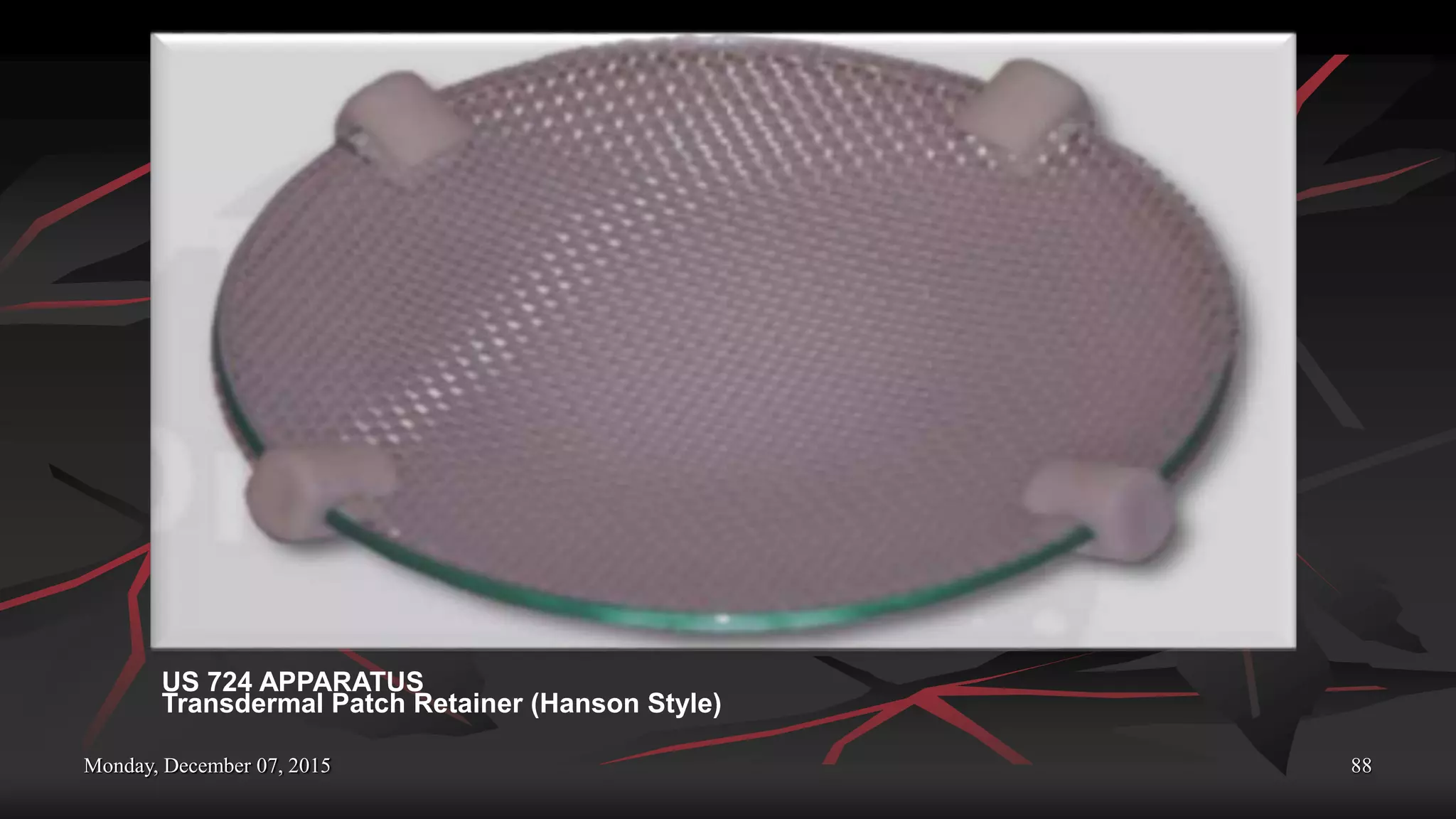 Monday, December 07, 2015 88
US 724 APPARATUS
Transdermal Patch Retainer (Hanson Style)
 