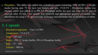 Monday, December 07, 2015 161
 Procedure - The tablet was added into cylindrical vessel containing 1000 ml PH 1.2 Acidic
media having rpm 75 for next two houres and tem. 37±0.5˚C . Dissolution media was
changes tablet was added in to PH 6.8 Phosphate buffer for next one hour for 10 min of
interval. after 10 min 5 mi sample was removed and appropriate quantity of sample take
absorbance by using U.V. spectroscopy technique and determine rate of dissolution of tablet.
3. Capsule
1. Dissolution apparatus – Type 2 (USP)
2. Temperature - 37±0.5˚C
3. Time – 180 min
4. Media – PH 1.2 Acidic Buffer, PH 6.8 Phosphate buffer.
5. Rpm – 75 – 100.
6. Volume – 900 ml.
 