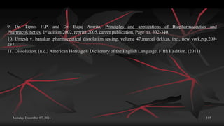 Monday, December 07, 2015 165
9. Dr. Tipnis H.P. and Dr. Bajaj Amrita, Principles and applications of Biopharmaceutics and
Pharmacokinetics, 1st edition 2002, reprint 2005, career publication, Page no. 332-340.
10. Umesh v. banakar ,pharmaceutical dissolution testing, volume 47,marcel dekkar, inc., new york,p.p.209-
237.
11. Dissolution. (n.d.) American Heritage® Dictionary of the English Language, Fifth E).dition. (2011)
 
